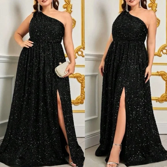 Luxe plus size one shoulder slit thigh party formal prom wedding gown dress - Picture 1 of 8